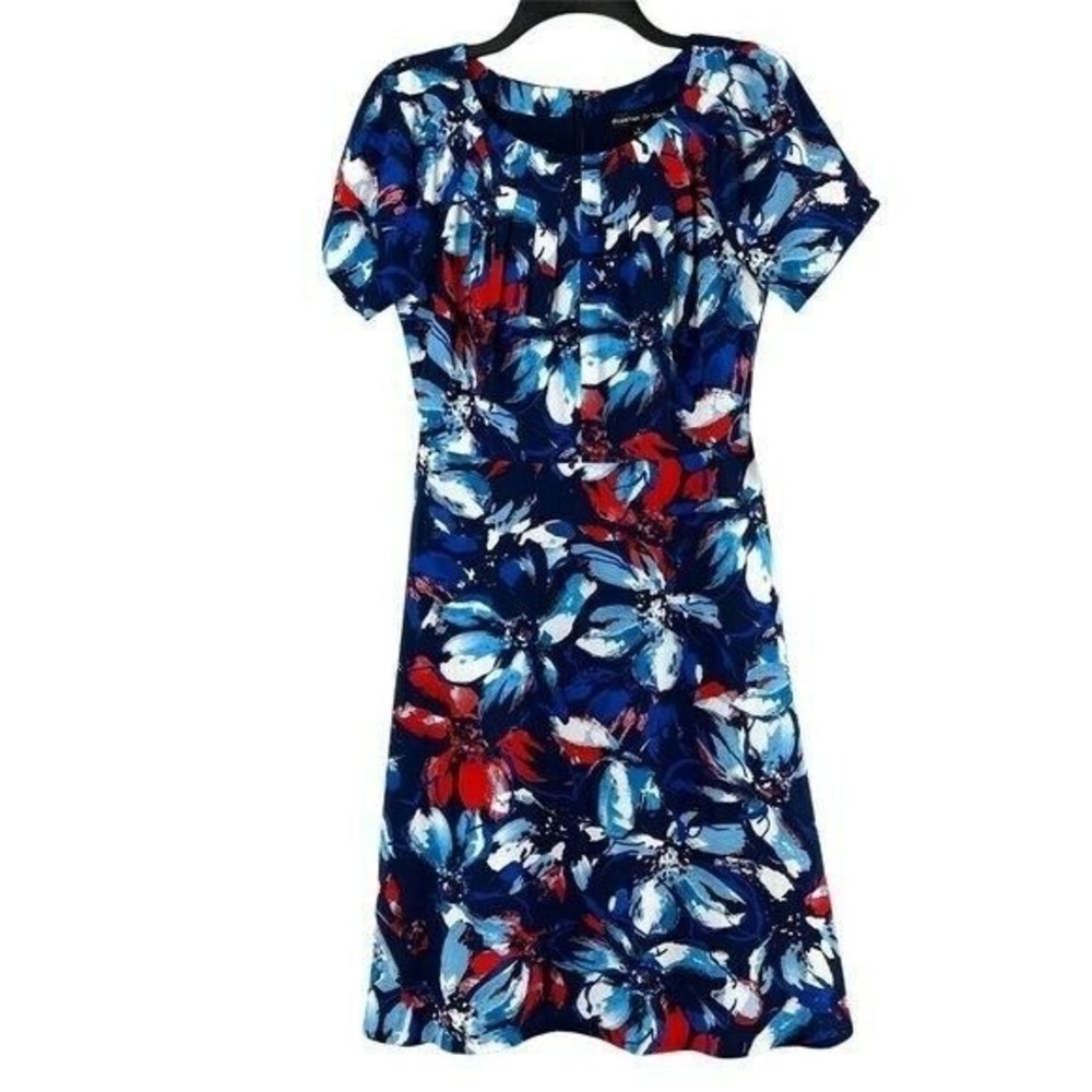 Preston & York A-Line Floral Dress Womens 6 Blue Red Pleated Neck Short Sleeve